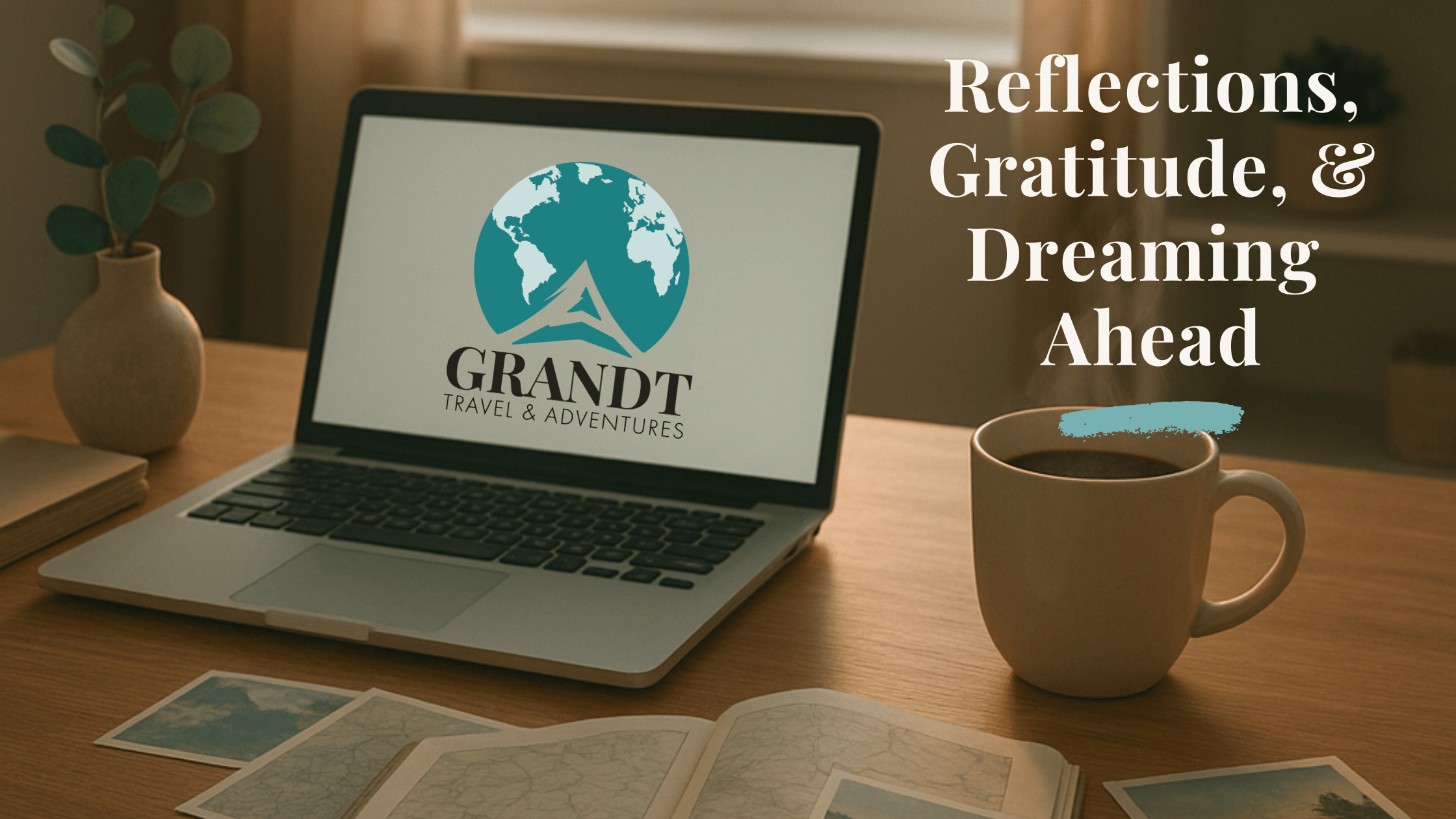 Laptop showing the Grandt Travel & Adventures logo on a wooden desk with travel maps, a steaming mug, and warm sunlight, with the words “Reflections, Gratitude, & Dreaming Ahead.”