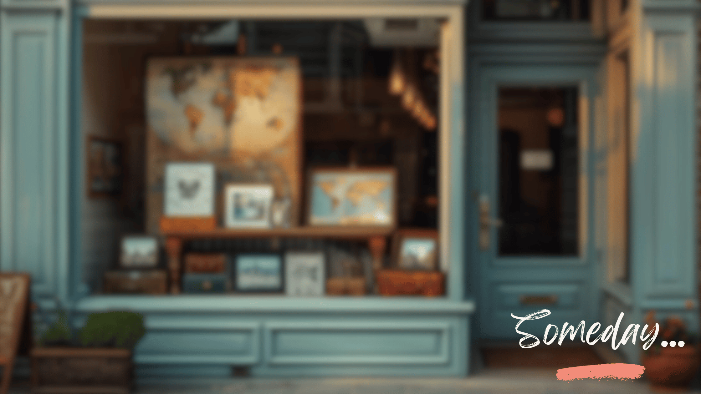 A blurred storefront window featuring travel maps, suitcases, and framed photos with the word “Someday…” written in script, evoking dreams of future travel and adventure.